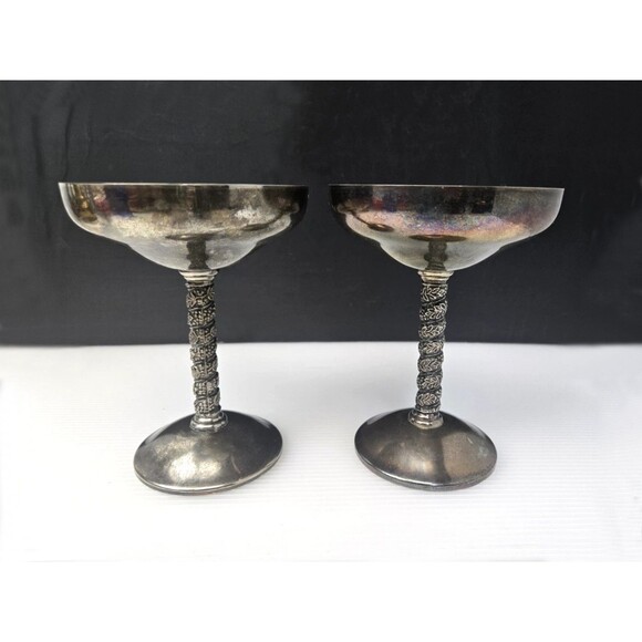 2 Vintage Roma S.L. Champagne Goblets Spain Twisted Grapevine Stem Silver Plate - Picture 6 of 14
